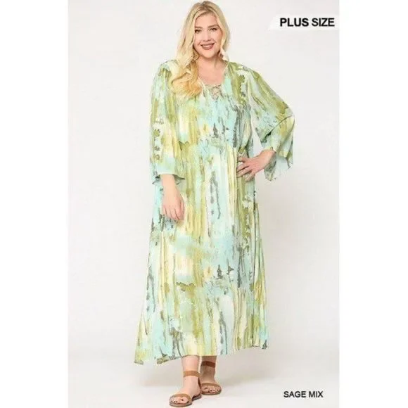 Sage Green Mix Print Tie Dye Multi Color Printed Maxi Dress With Lace Up - Picture 2 of 6